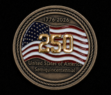 Coin commemorating the 250th anniversary of the United States of America with an American flag design on a black background.