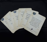 Set of cards with text and symbols on a black background