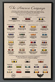 Framed poster titled 'The America Campaign' with military campaign ribbons and flags on a cream linen paper background.